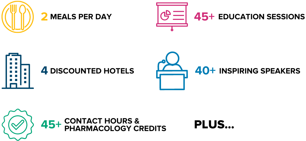 2 MEALS PER DAY. 4 DISCOUNTED HOTELS. 45+ CONTACT HOURS. 45+ EDUCATION SESSIONS. 40+ INSPIRING SPEAKERS. PLUS...